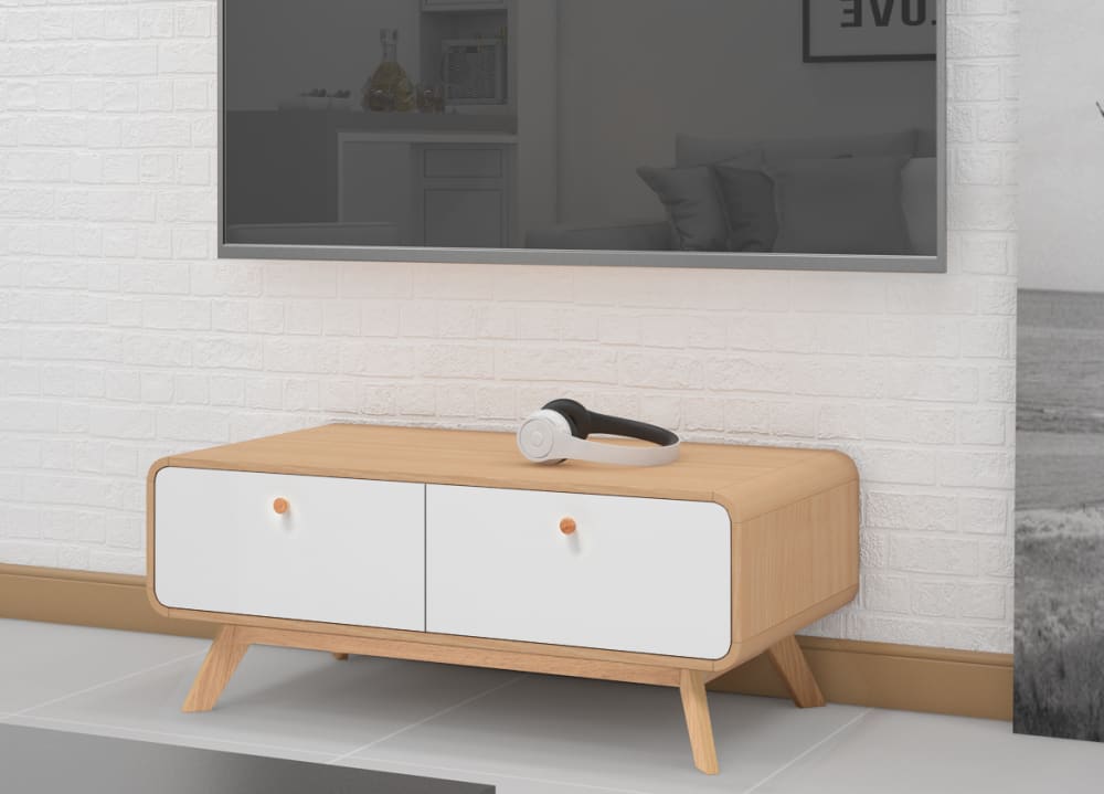 mueble de tv con 2 cajones en efecto de roble blanco