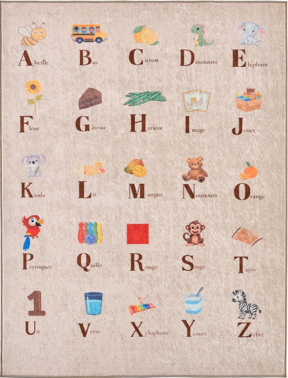 Tapis enfant lavable en machine à motif alphabet - Beige - 80x150