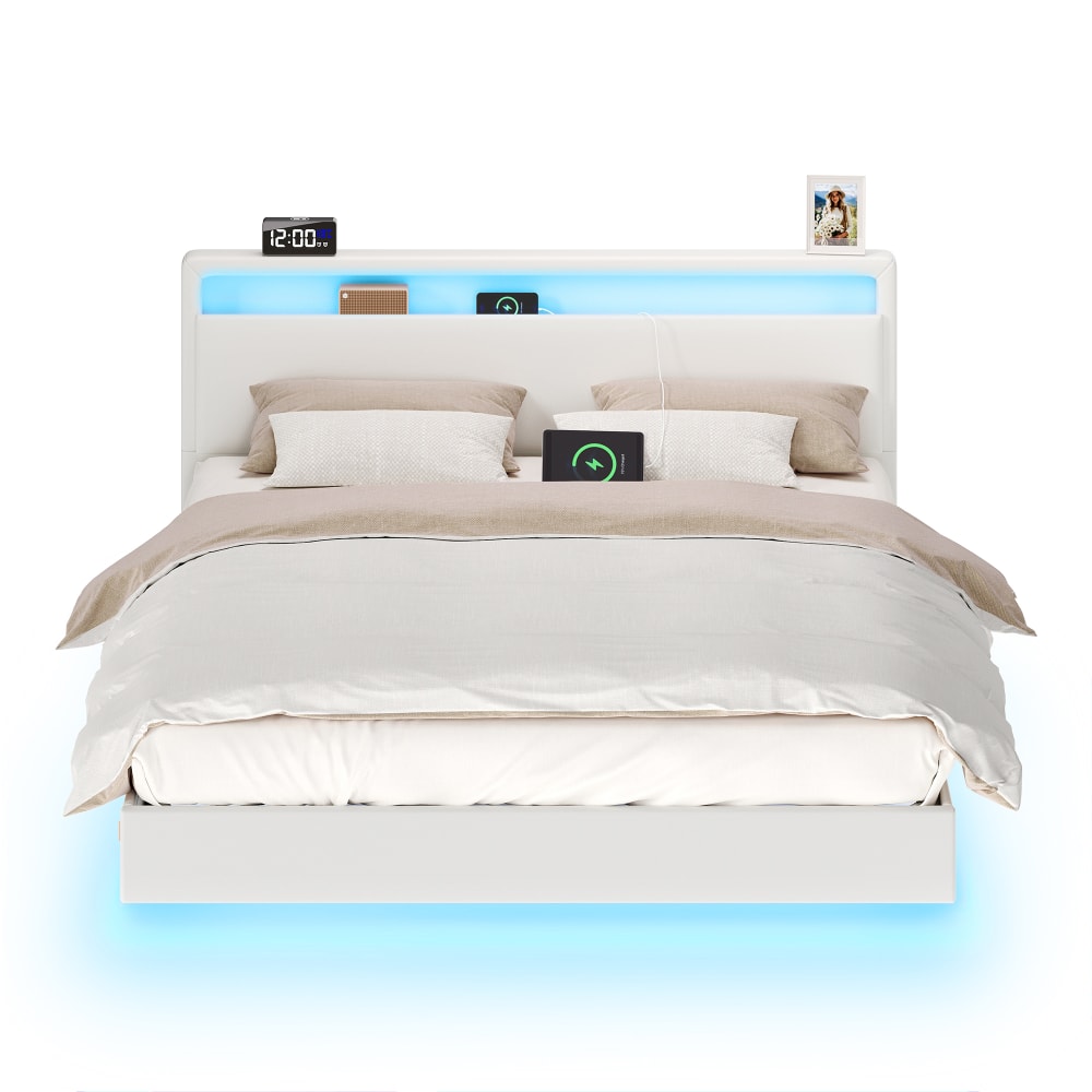 Lit double 160 x 200 cm lit flottant tête de lit haute blanc nuage