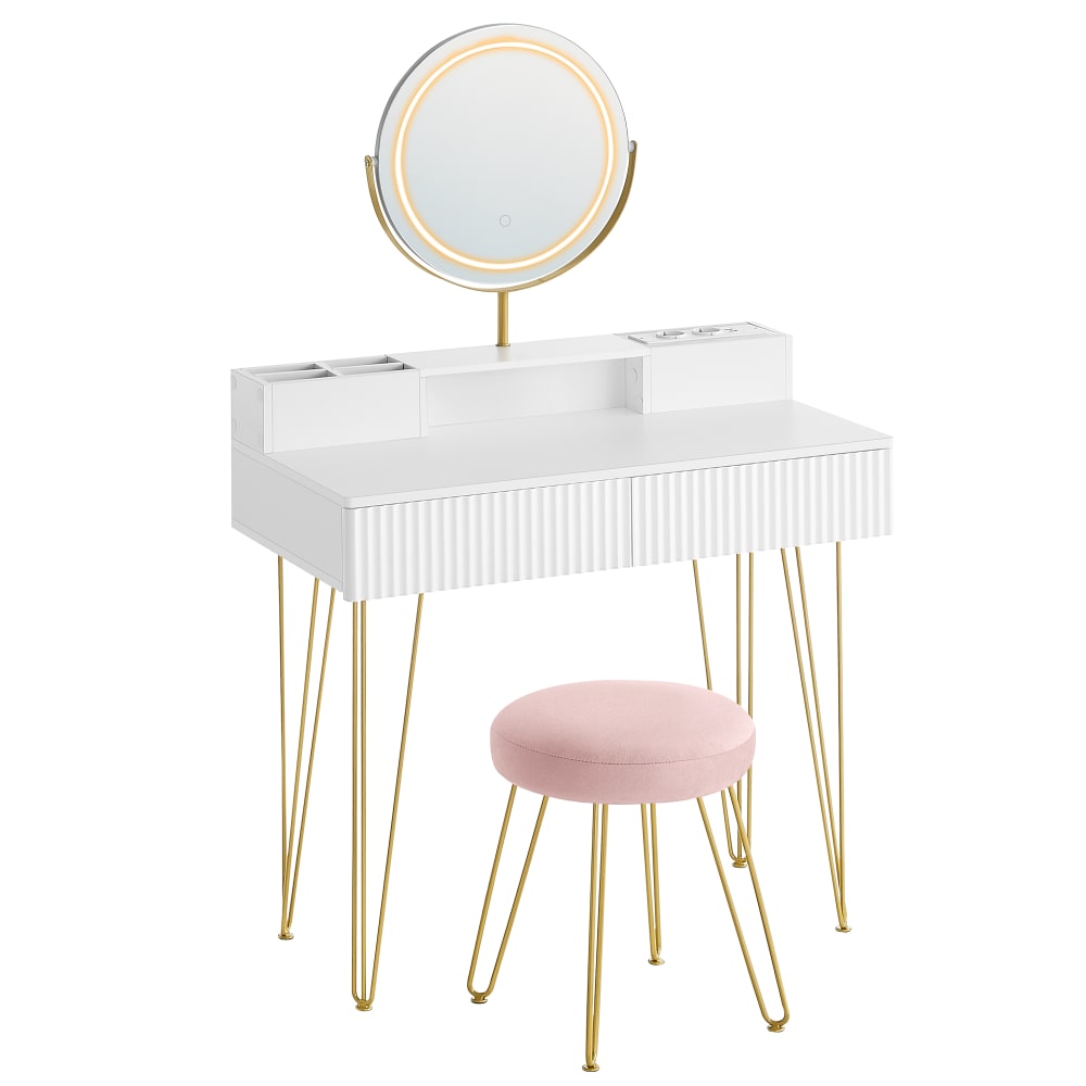 Coiffeuse avec miroir pivotant et tabouret multiprise blanc