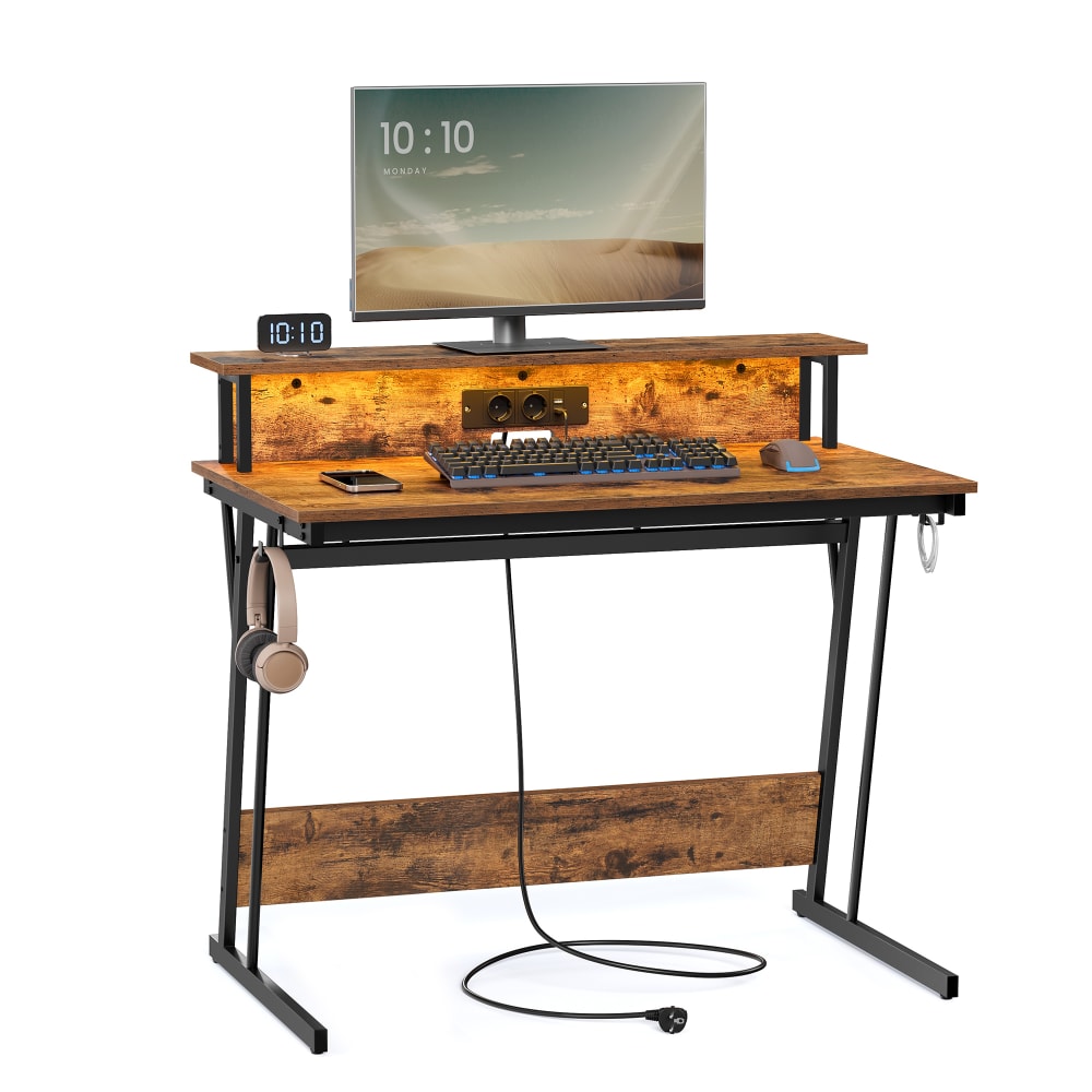 VASAGLE Bureau gaming avec et multiprise 100 x 60 x 91 cm marron et noir style industriel Marron Panneau De Particules - 100x76x60cm