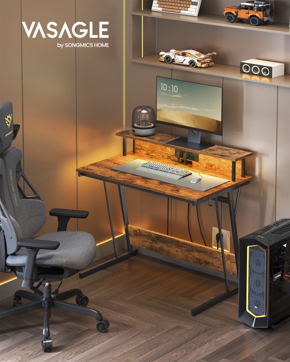 Bureau gaming avec et multiprise 100 x 60 x 91 cm marron et noir
