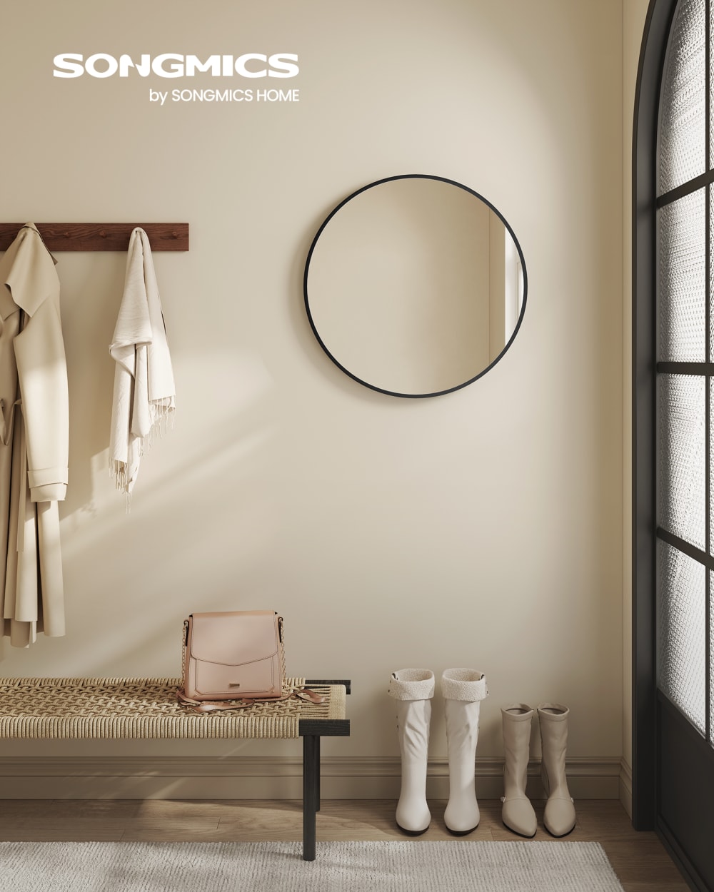 Miroir rond diamètre en métal facile à installer 50 cm noir