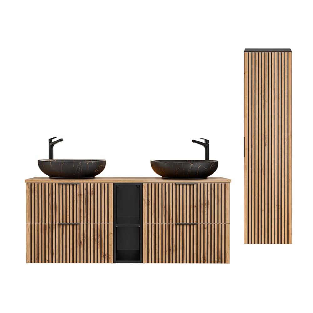 Ensemble meuble double vasque colonne stratifiés beige noir