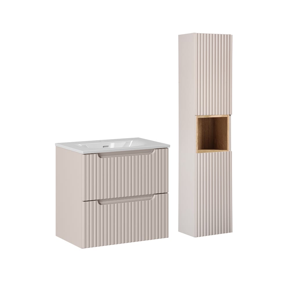 Ensemble meuble vasque encastrée 2 tiroirs colonne stratifiés beige
