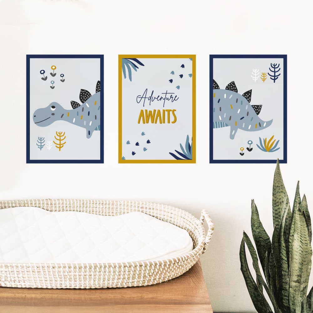 Kunstdruck-Set (3er-Set) Dinosaurier Blau und Senfgelb 21x29,7 cm
