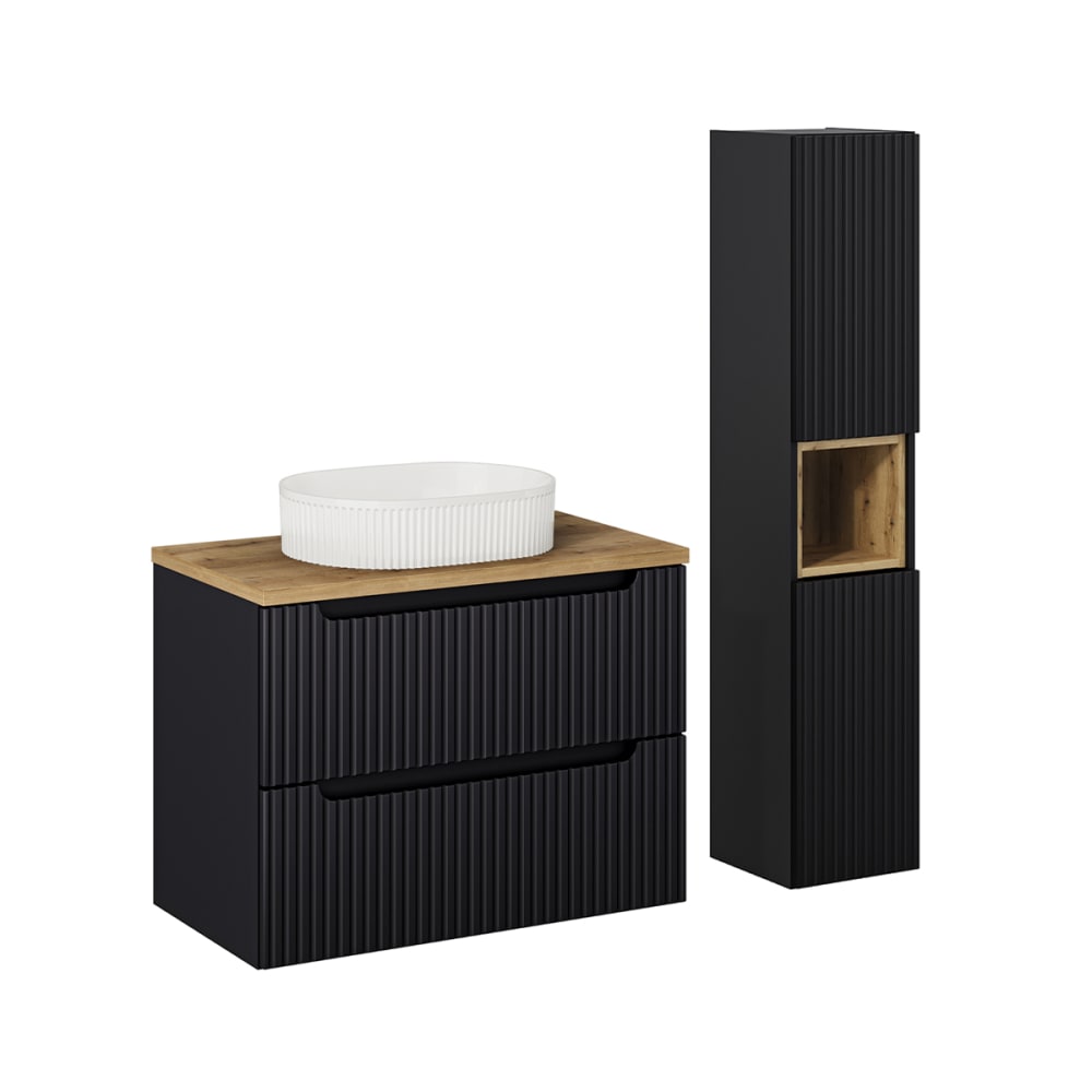 Ensemble meuble vasque 2 tiroirs colonne stratifiés noir et beige