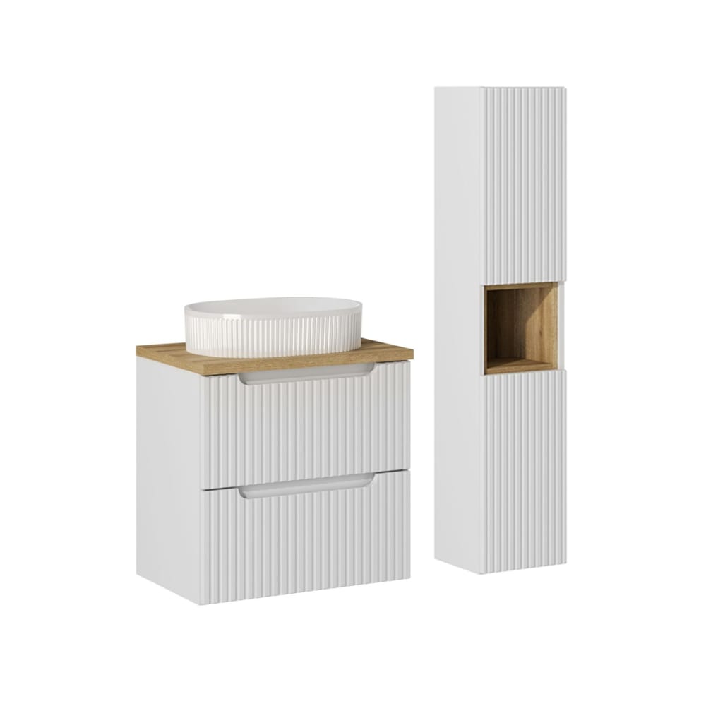 Ensemble meuble vasque 2 tiroirs colonne stratifiés blanc et beige
