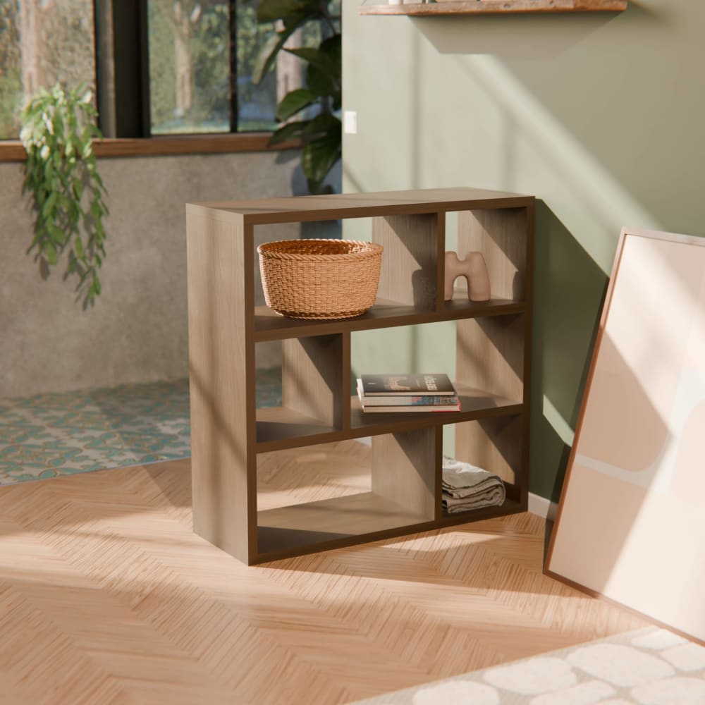 Etagère asymétrique 6 compartiments, teinte noyer