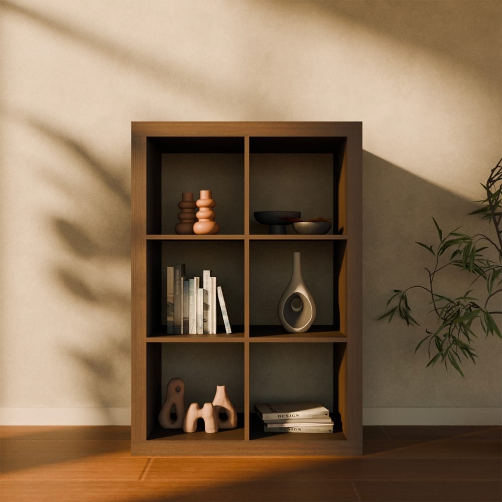 sweeek Bücherregal, 2 Ebenen 6 Stauräume, Nussbaum-Optik style modern Braun Spanplatte