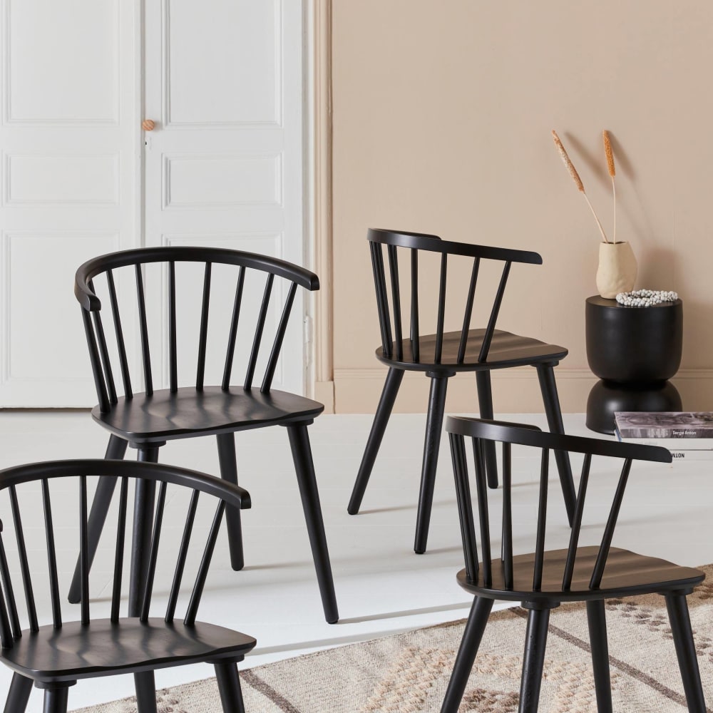 Lot de 4 chaises noires à barreaux en bois et contreplaqué