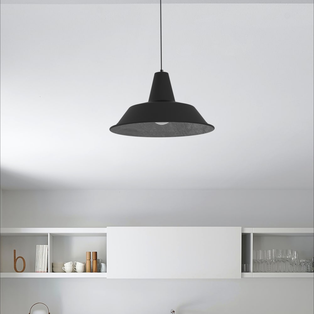 Suspension en métal noir mat et feuille d'argent interne E27