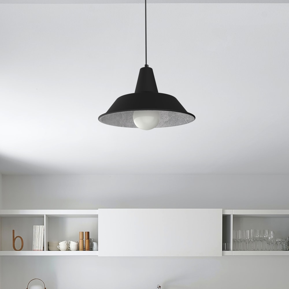 Suspension en métal noir mat et feuille d'argent interne E27