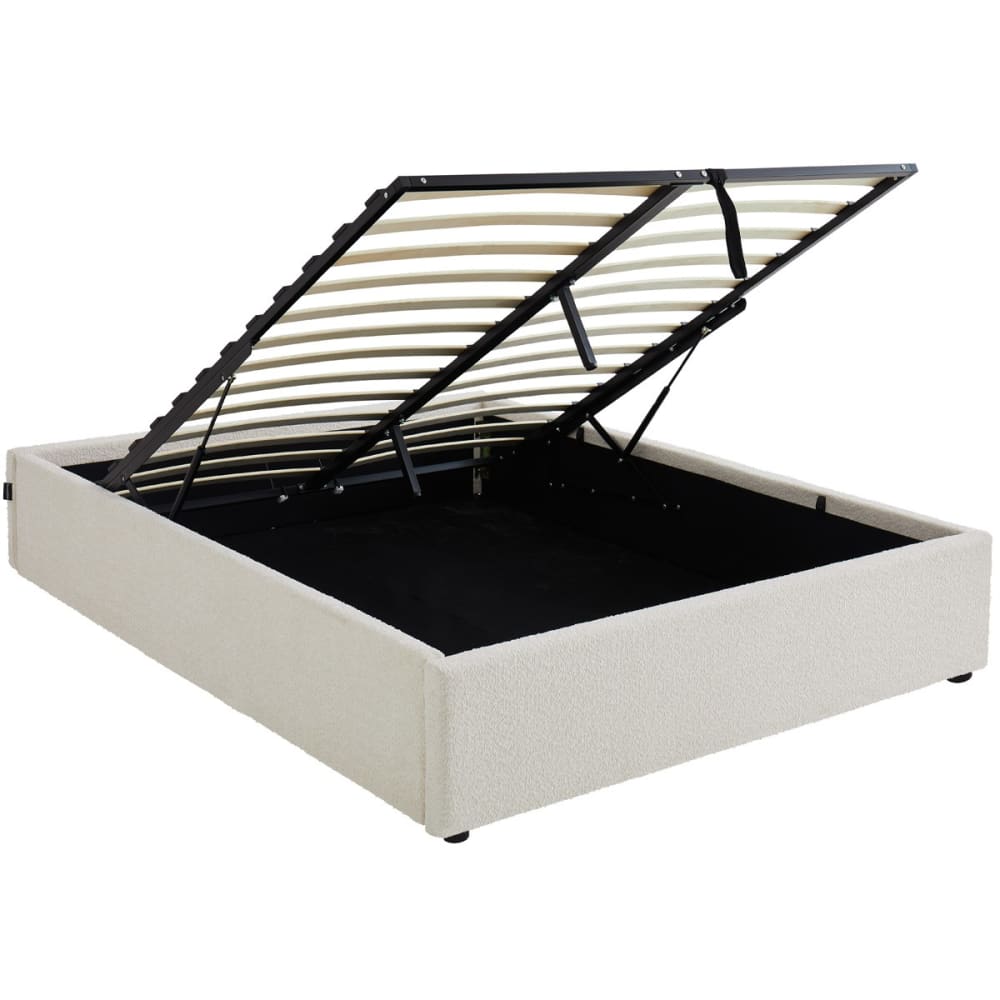 Lit coffre 140x190 cm en tissu bouclé beige avec sommier