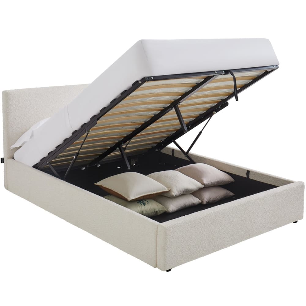 Lit coffre 140x190 cm avec tête de lit en tissu bouclé beige