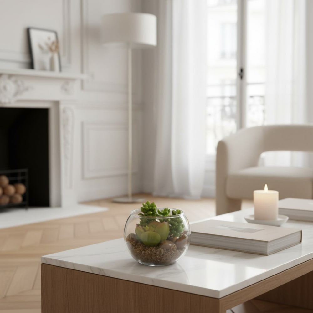 Succulente sedum en terrarium rond artificielle verte H8 - Maisons du Monde