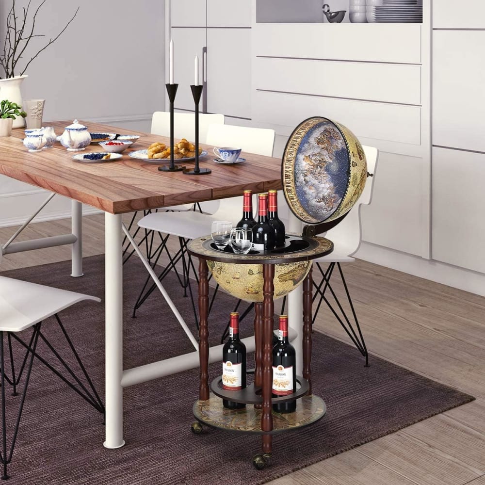 Bar globe terrestre mappemonde en bois d'eucalyptus blanc 45X45X88cm