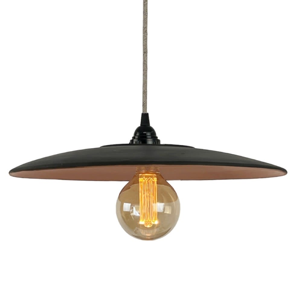 Suspension en terre cuite charbon avec câble textile lin D.40cm