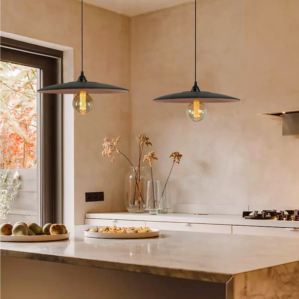 Suspension en terre cuite charbon avec câble textile lin D.40cm