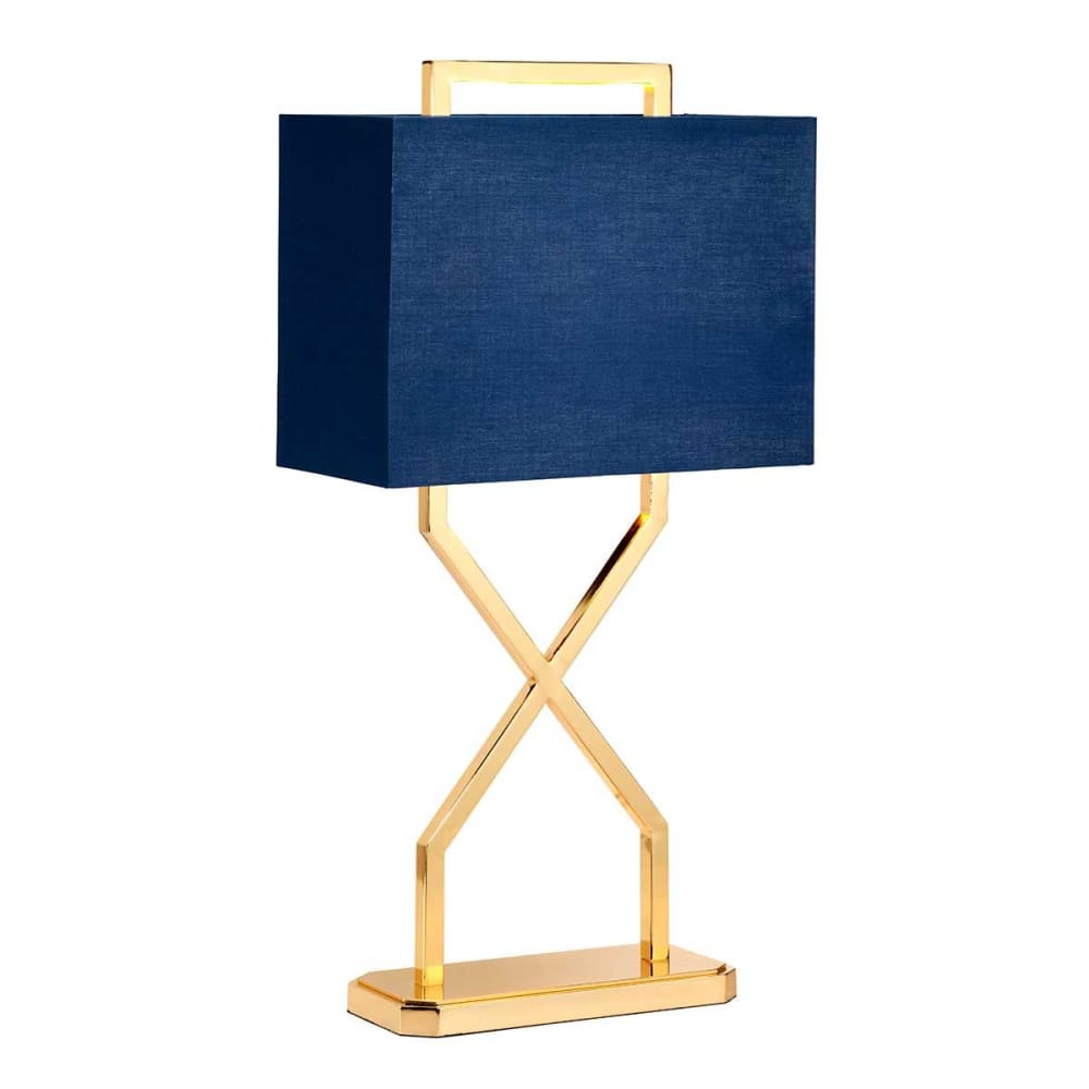 Lampe de table en métal doré poli, abat-jour bleu H:67,8cm