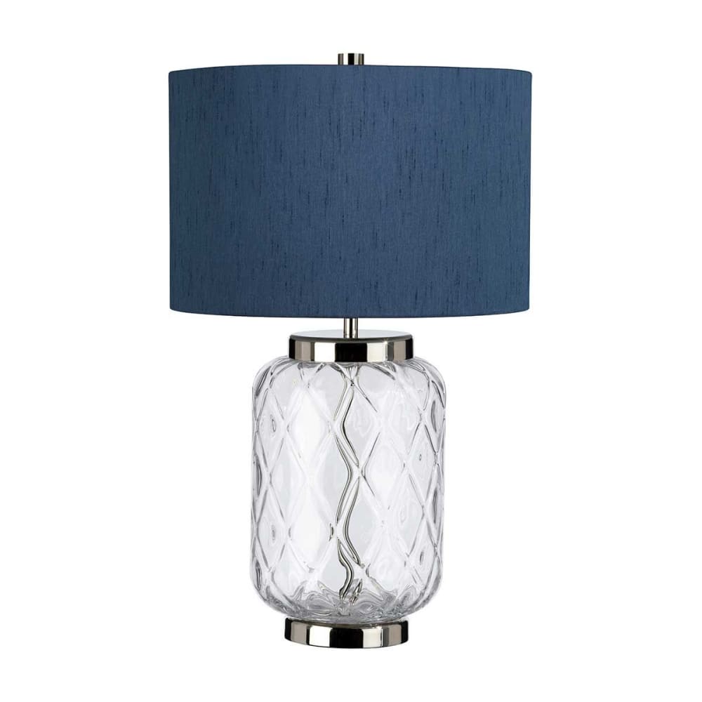 Lampe à poser en verre et abat-jour en faux soie bleu H : 50,5cm
