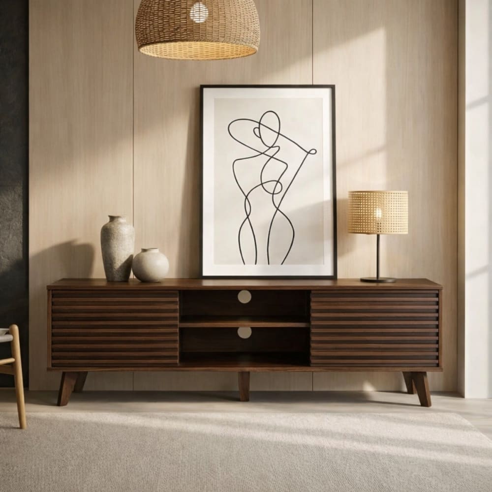 TV-Möbel mit gerillten Fronten in Holzoptik B140 cm - Maisons Du