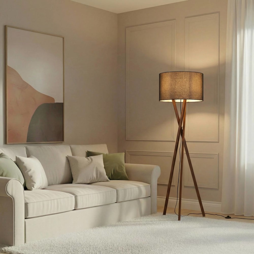 Tripod Stehlampe aus Textil, schwarz, walnuss - Maisons Du Monde