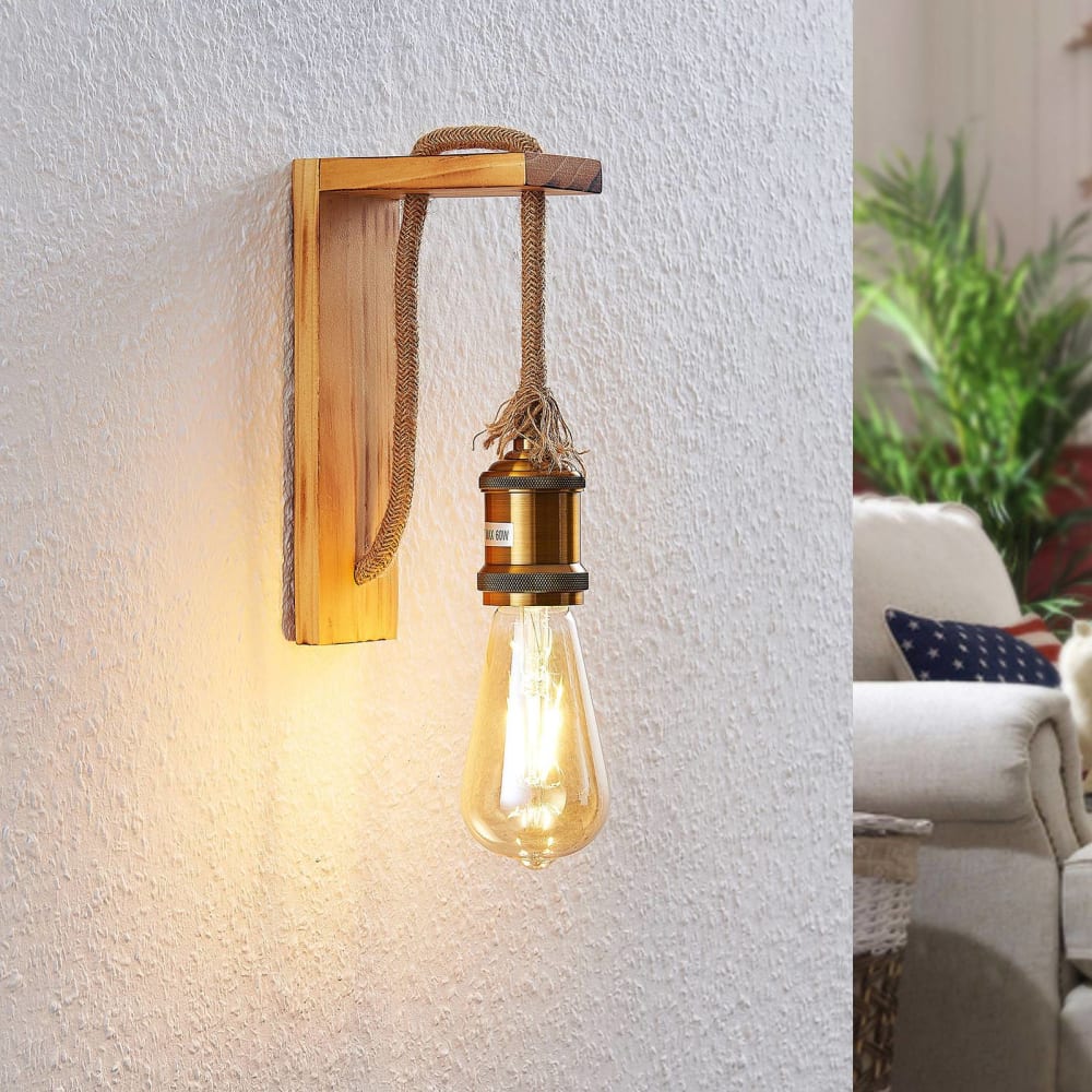 Wandleuchte, Wandlampe Innen aus Holz, pinie, altmessing -