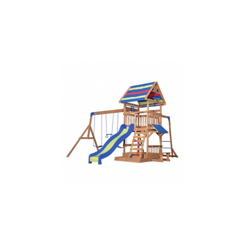 Spielturm aus Holz mit Rutsche, Sandkasten, Schaukel &