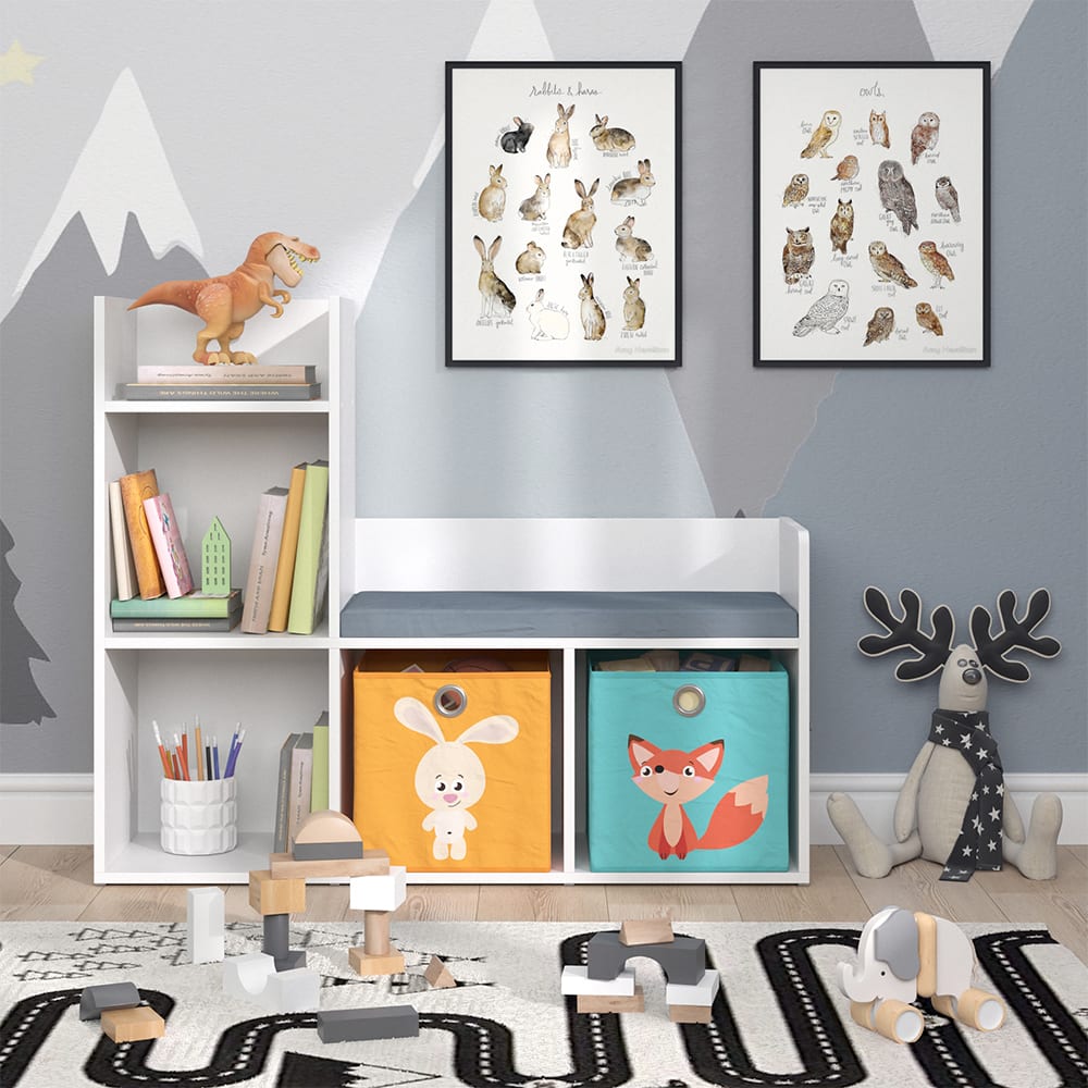 Étagère pour enfants, blanche 107.2 x 88.6cm avec 2 boîtes pliantes