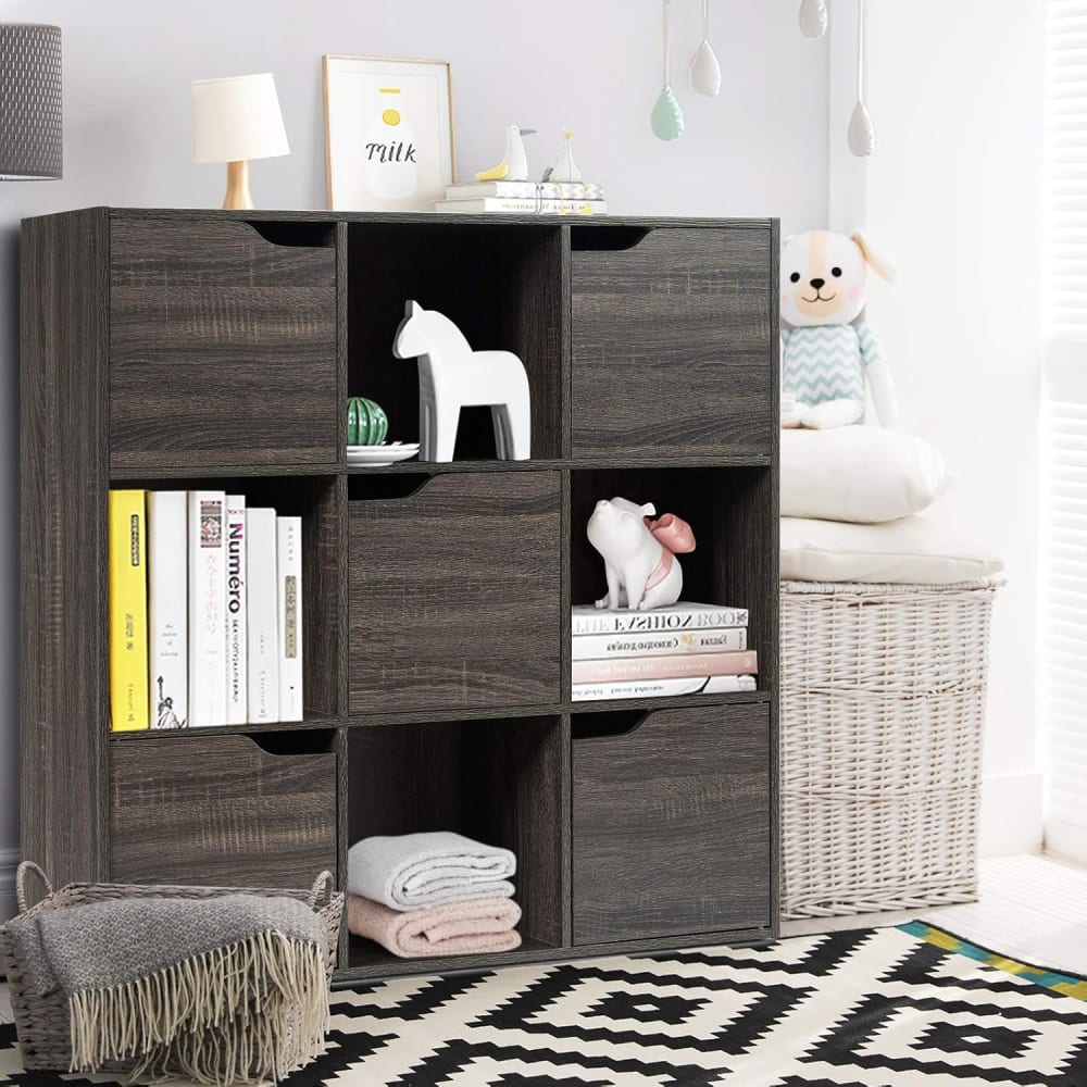 Bibliothèque 9 cases étagère de rangement 5 portes marron 90x29x90 cm - Maisons du Monde