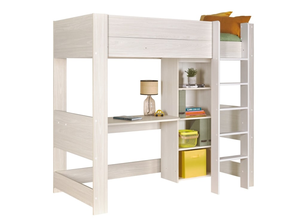 Lit mezzanine avec bureau et rangement 90x190 chêne blanchi