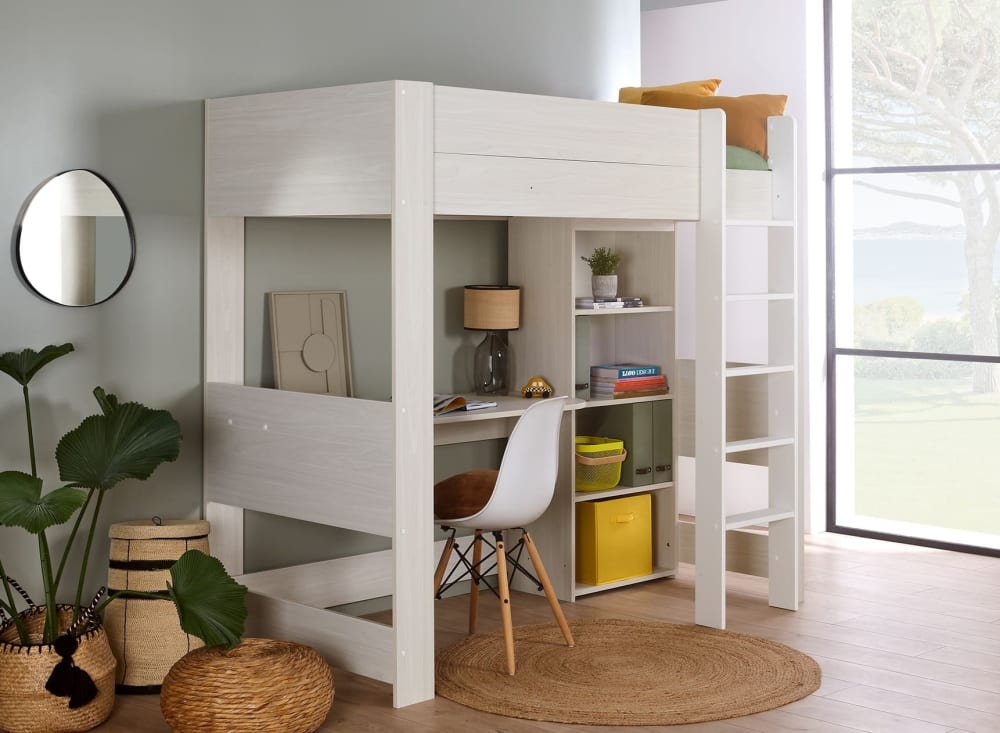 Lit mezzanine avec bureau et rangement 90x190 chêne blanchi
