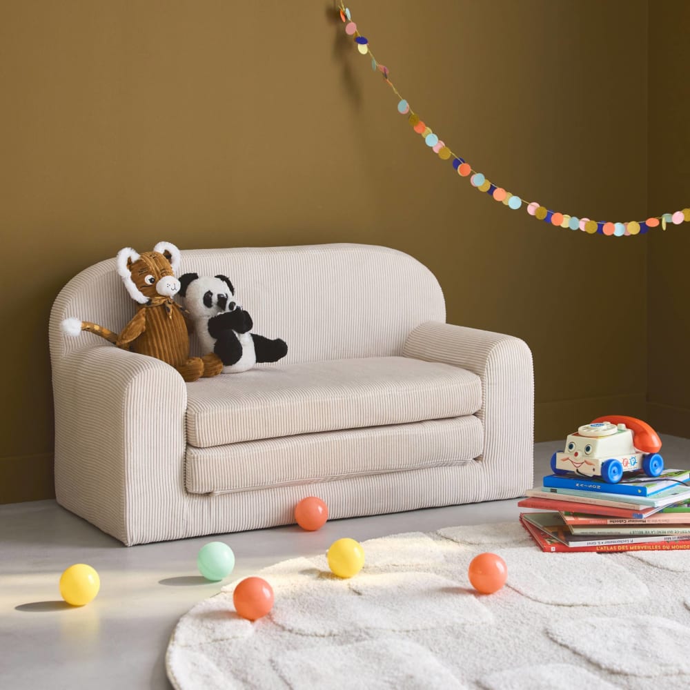 Canapé lit enfant en velours côtelé dépliable, crème