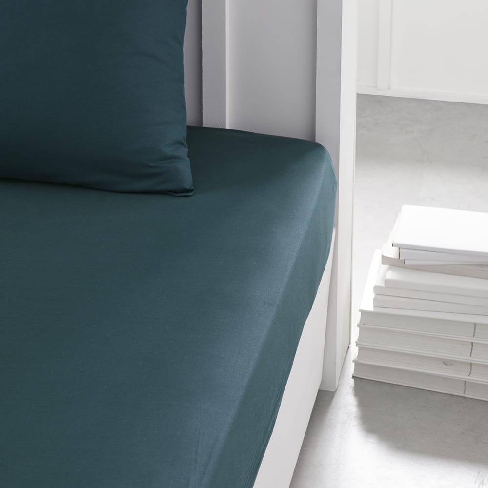 Drap housse grand bonnet 2 personnes uni coton 160x200 cm bleu