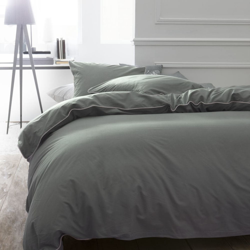 Parure de lit 2 personnes uni coton avec piping  260x240cm Vert