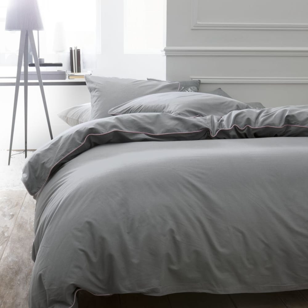 Parure de lit 2 personnes uni coton avec piping  260x240cm Gris