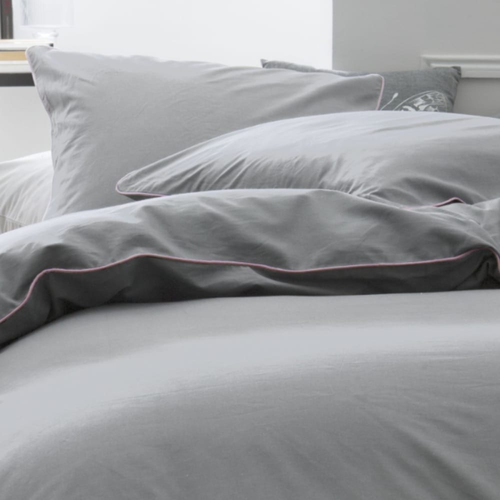 Parure de lit 2 personnes uni coton avec piping  240x220cm gris - Maisons du Monde