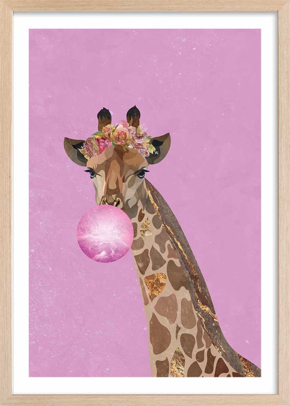 Affiche enfant girafe rose avec cadre bois 40x60 cm