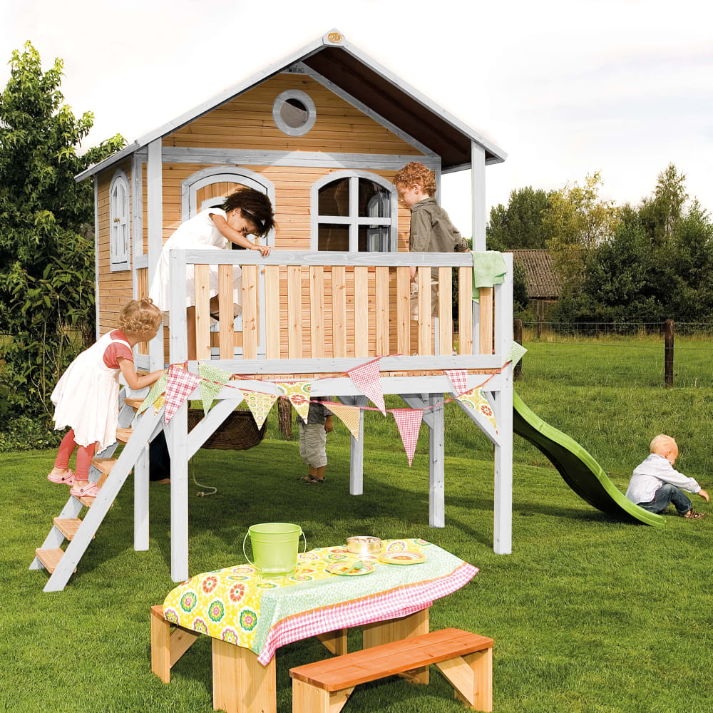 Maisonnette enfant avec toboggan vert clair, Bois FSC, marron/blanc