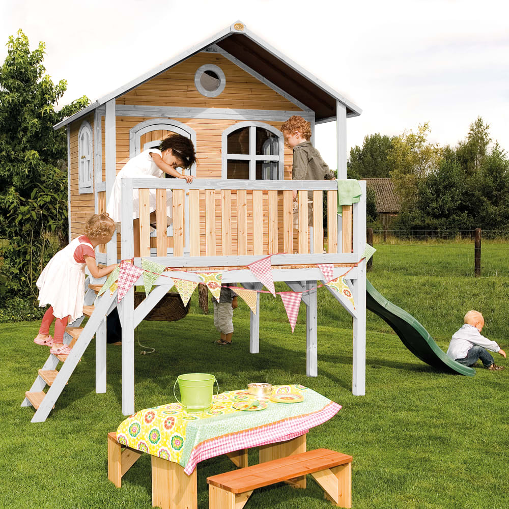 Maisonnette enfant avec toboggan vert, bois FSC, marron/blanc