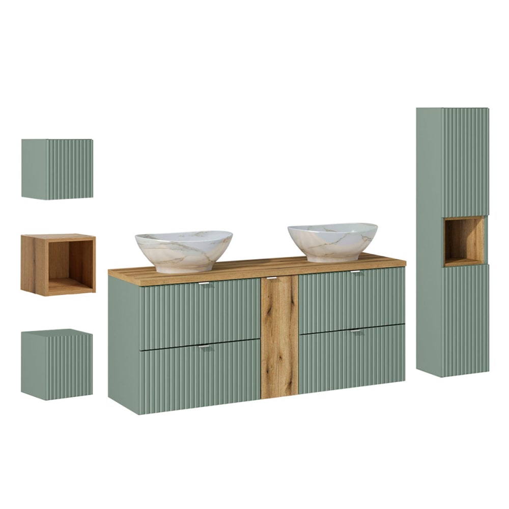 Ensemble meuble double vasque 140cm panneaux mélaminé et mdf vert Ensemble meuble double vasque 140cm panneaux mélaminé et mdf vert