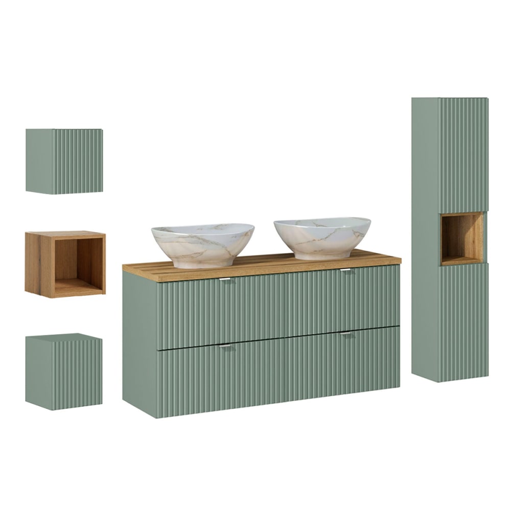 Ensemble meuble double vasque 120cm panneaux mélaminé et mdf vert Ensemble meuble double vasque 120cm panneaux mélaminé et mdf vert
