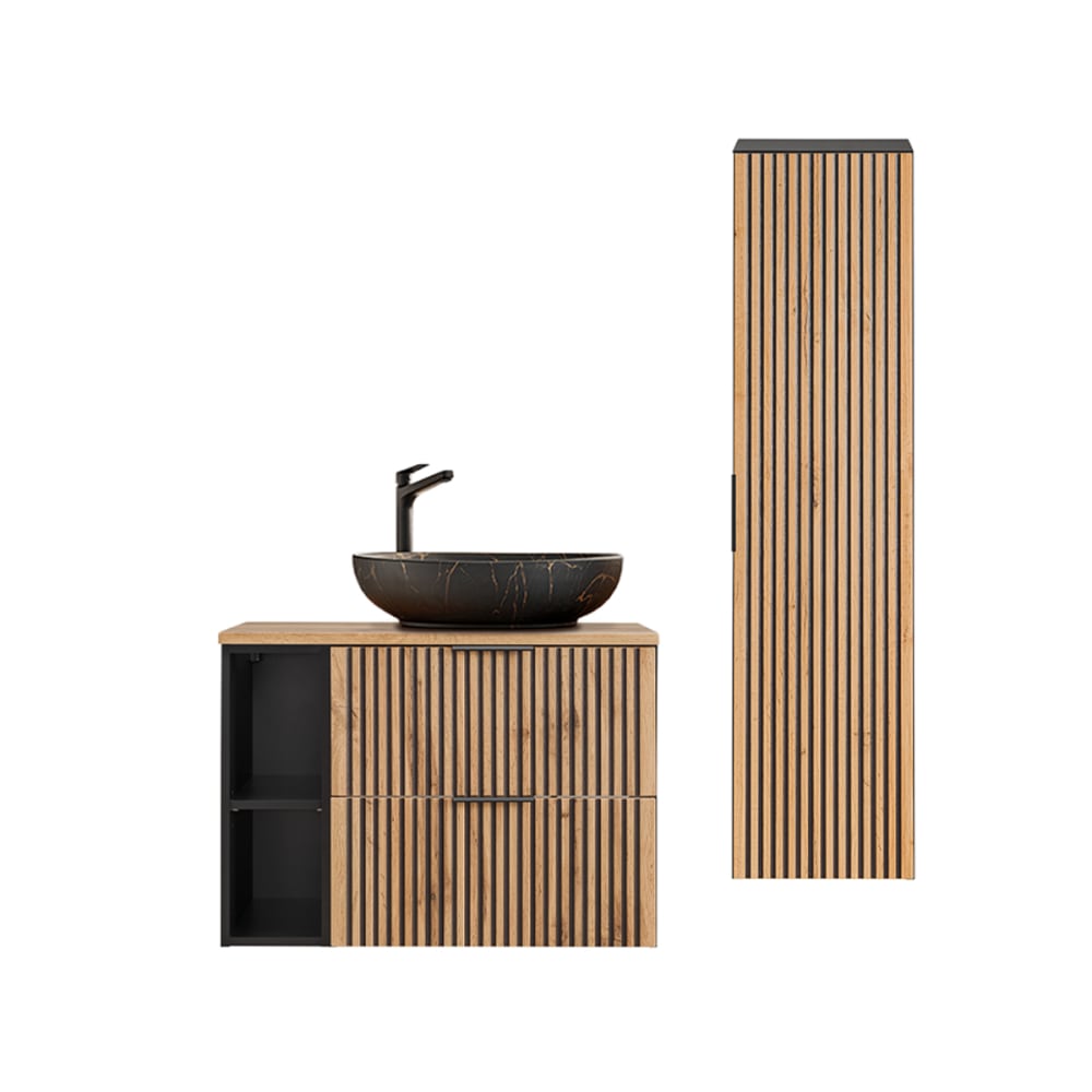 Ensemble meuble vasque colonne stratifiés beige noir