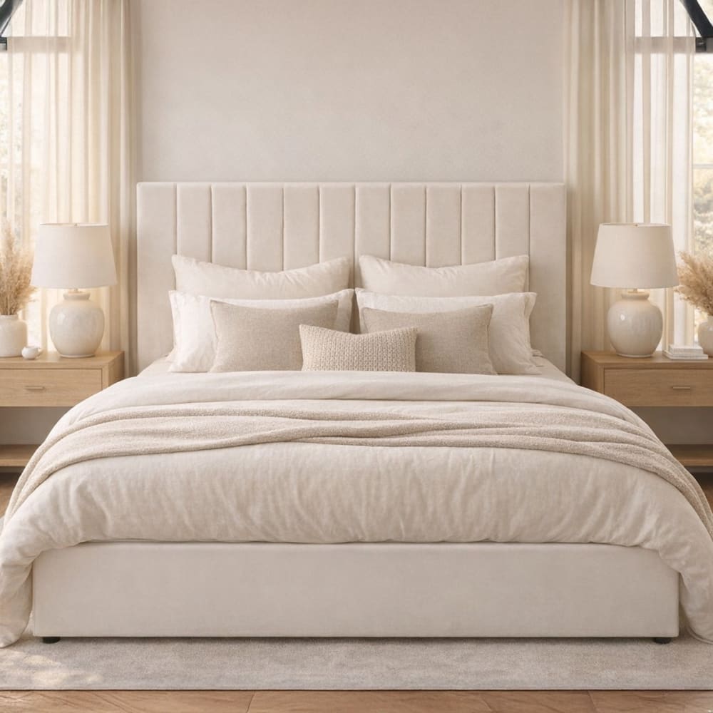 Lit coffre velours beige 140x190 - Maisons du Monde