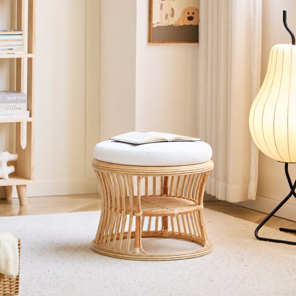 Nordlys Hocker aus Rattan und Stoff Beige Beige Öko-Tex Zertifikat Rattan