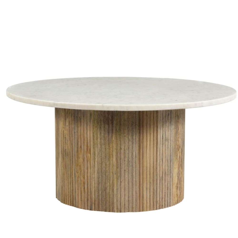 MARBELLA- Table basse ronde 70 cm en marbre blanc et bois massif