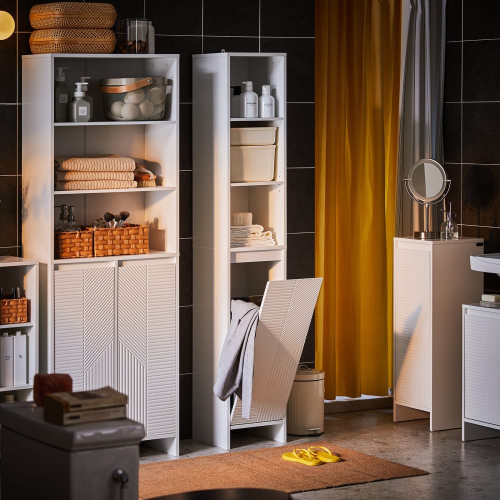 Colonne avec 1 panier à linge et 3 compartiments effet bois blanc