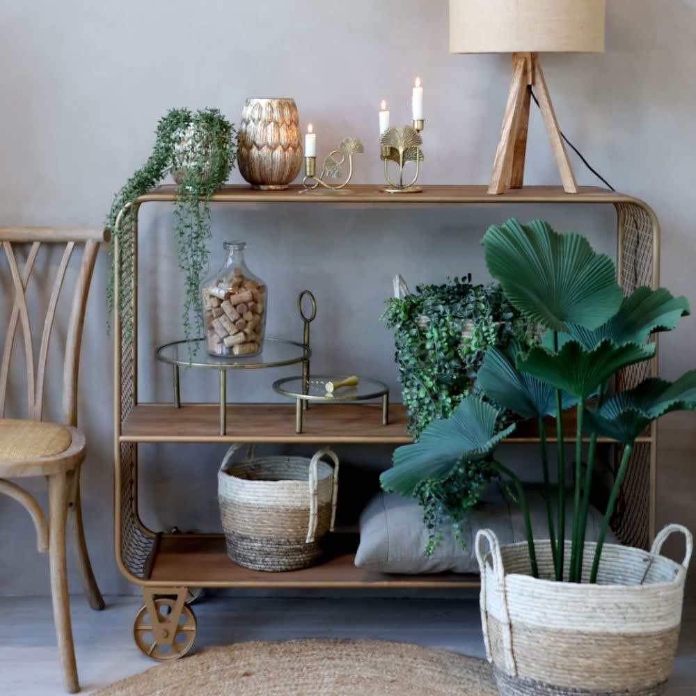 Meuble desserte chariot de cuisine métal laiton bois marron 114cm