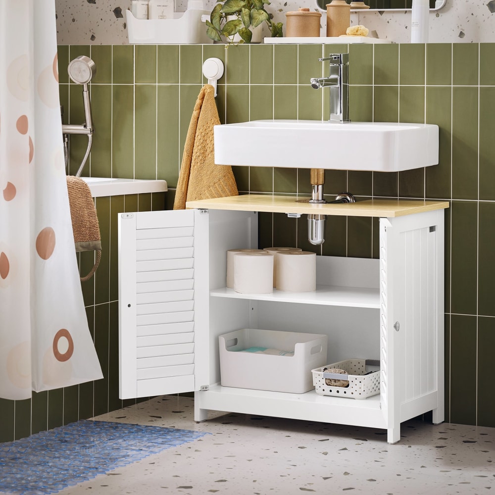 Meuble sous lavabo avec 2 portes et 2 étages effet bois blanc